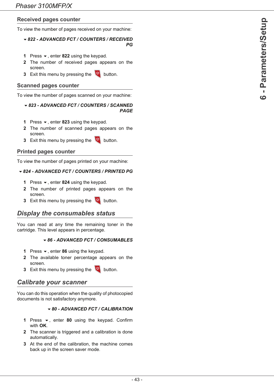 Display the consumables status, Calibrate your scanner, 6 - parameters/setup | Phaser 3100mfp/x | Xerox Phaser 3100MFP/X User Manual | Page 48 / 90