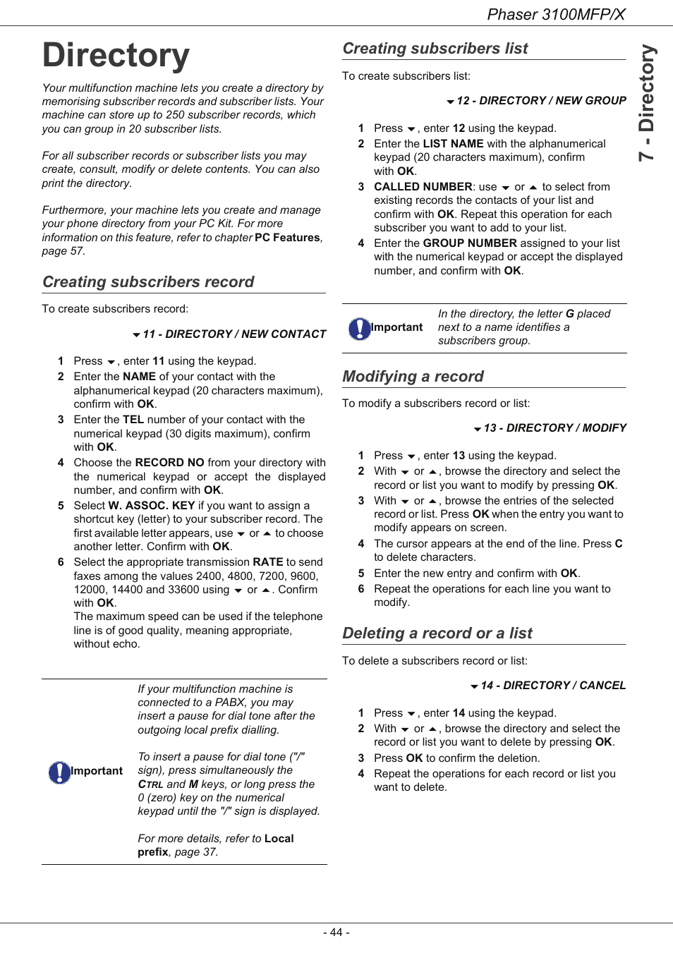 Directory, Creating subscribers record, Creating subscribers list | Modifying a record, Deleting a record or a list, Directory 44, 7 - directory, Phaser 3100mfp/x | Xerox Phaser 3100MFP/X User Manual | Page 49 / 90