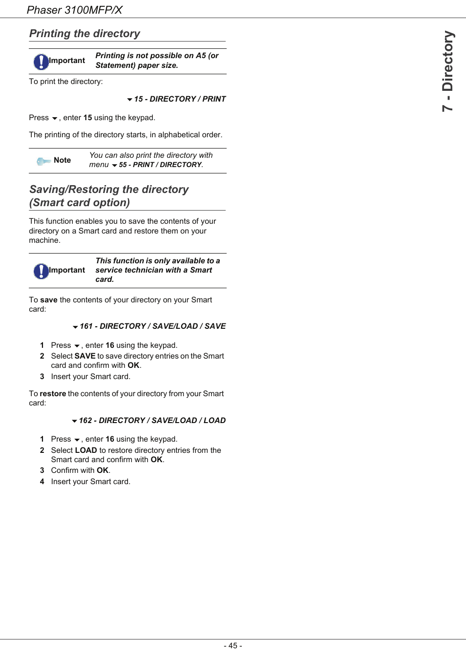 Printing the directory, Saving/restoring the directory (smart card option), Saving/restoring the directory (smart | Card option), 7 - directory, Phaser 3100mfp/x | Xerox Phaser 3100MFP/X User Manual | Page 50 / 90