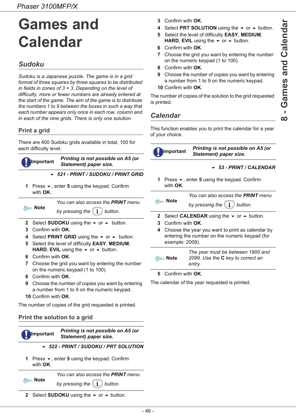 Games and calendar, Sudoku, Print a grid | Print the solution to a grid, Calendar, Sudoku 46, Calendar 46, 8 - games and calendar, Phaser 3100mfp/x | Xerox Phaser 3100MFP/X User Manual | Page 51 / 90