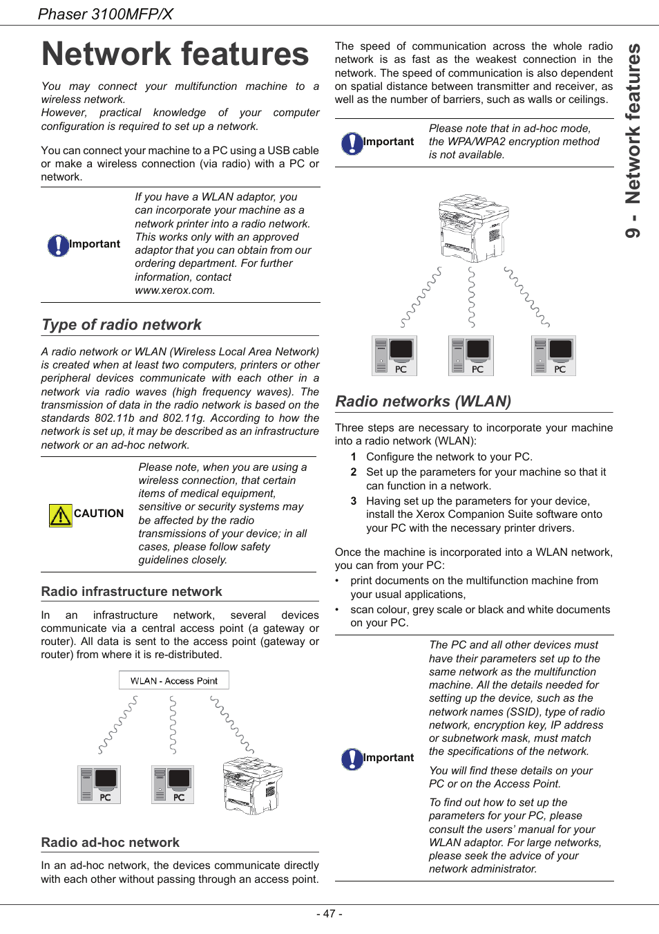 Network features, Type of radio network, Radio infrastructure network | Radio ad-hoc network, Radio networks (wlan), 9 - network features, Phaser 3100mfp/x | Xerox Phaser 3100MFP/X User Manual | Page 52 / 90