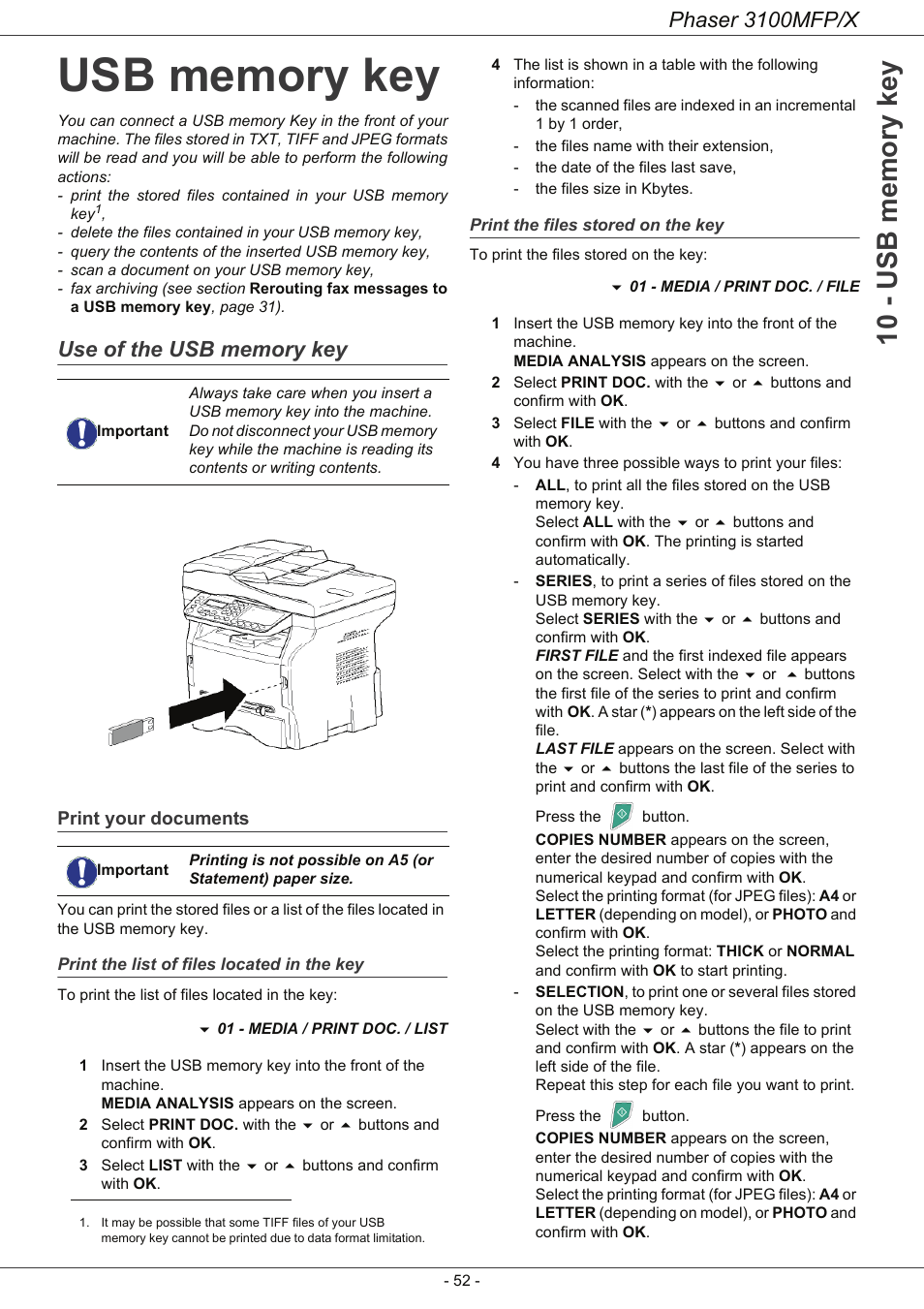 Usb memory key, Use of the usb memory key, Print your documents | Print the list of files located in the key, Print the files stored on the key, Phaser 3100mfp/x | Xerox Phaser 3100MFP/X User Manual | Page 57 / 90