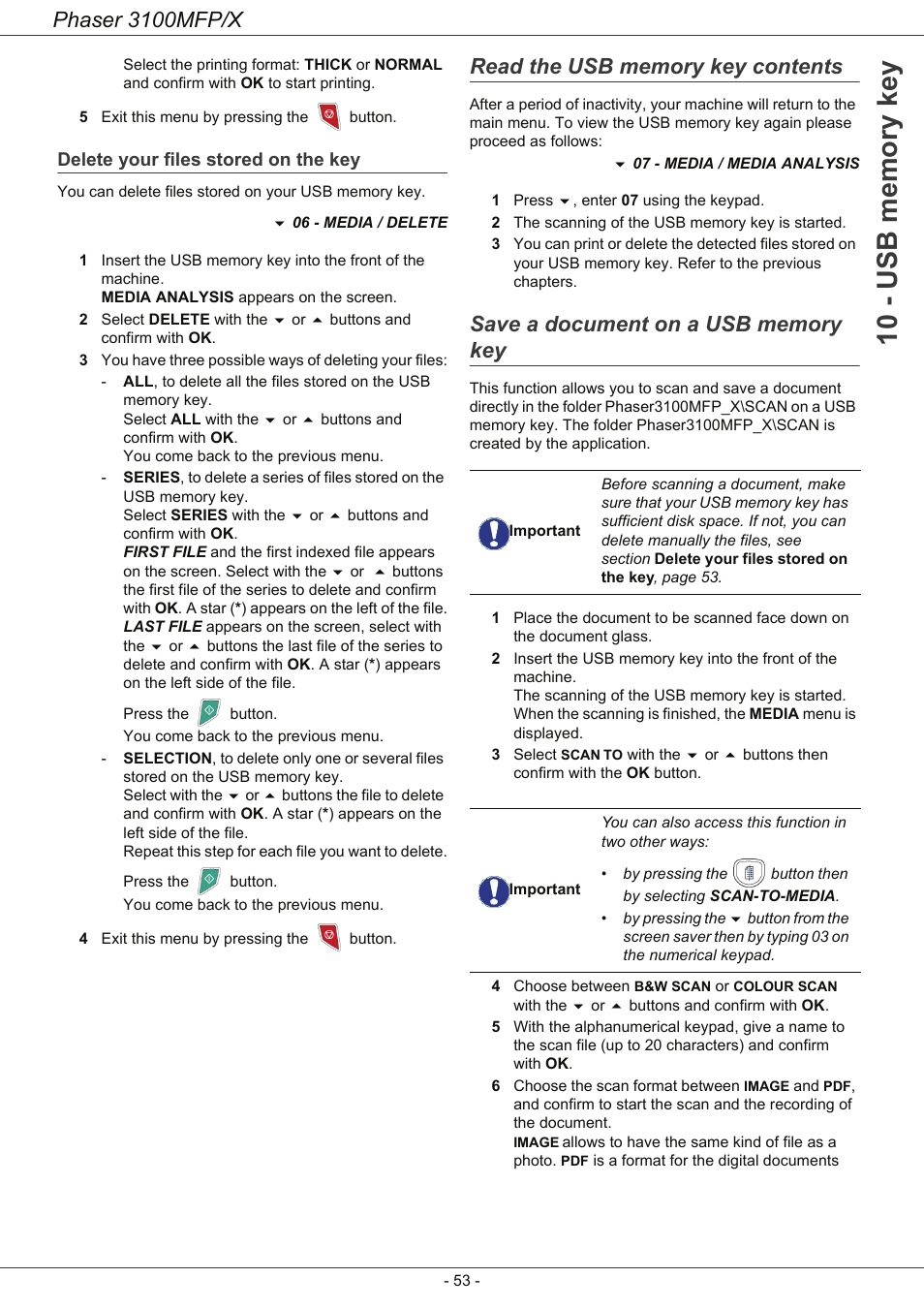 Delete your files stored on the key, Read the usb memory key contents, Save a document on a usb memory key | Phaser 3100mfp/x | Xerox Phaser 3100MFP/X User Manual | Page 58 / 90