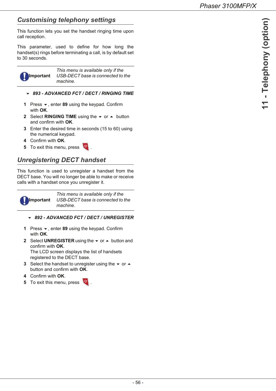 Customising telephony settings, Unregistering dect handset, 11 - telephony (option) | Phaser 3100mfp/x | Xerox Phaser 3100MFP/X User Manual | Page 61 / 90