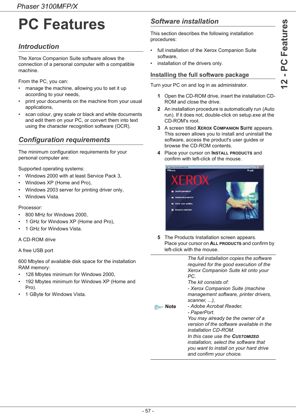 Pc features, Introduction, Configuration requirements | Software installation, Installing the full software package, Introduction 57 configuration requirements, 12 - pc features, Phaser 3100mfp/x | Xerox Phaser 3100MFP/X User Manual | Page 62 / 90