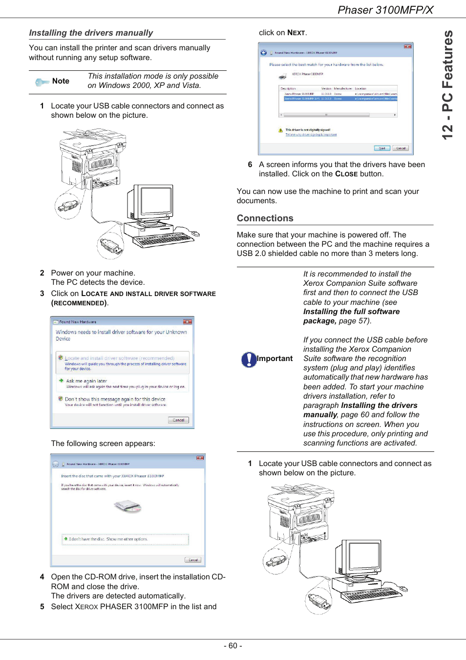 Installing the drivers manually, Connections, Connections 60 | 12 - pc features, Phaser 3100mfp/x | Xerox Phaser 3100MFP/X User Manual | Page 65 / 90