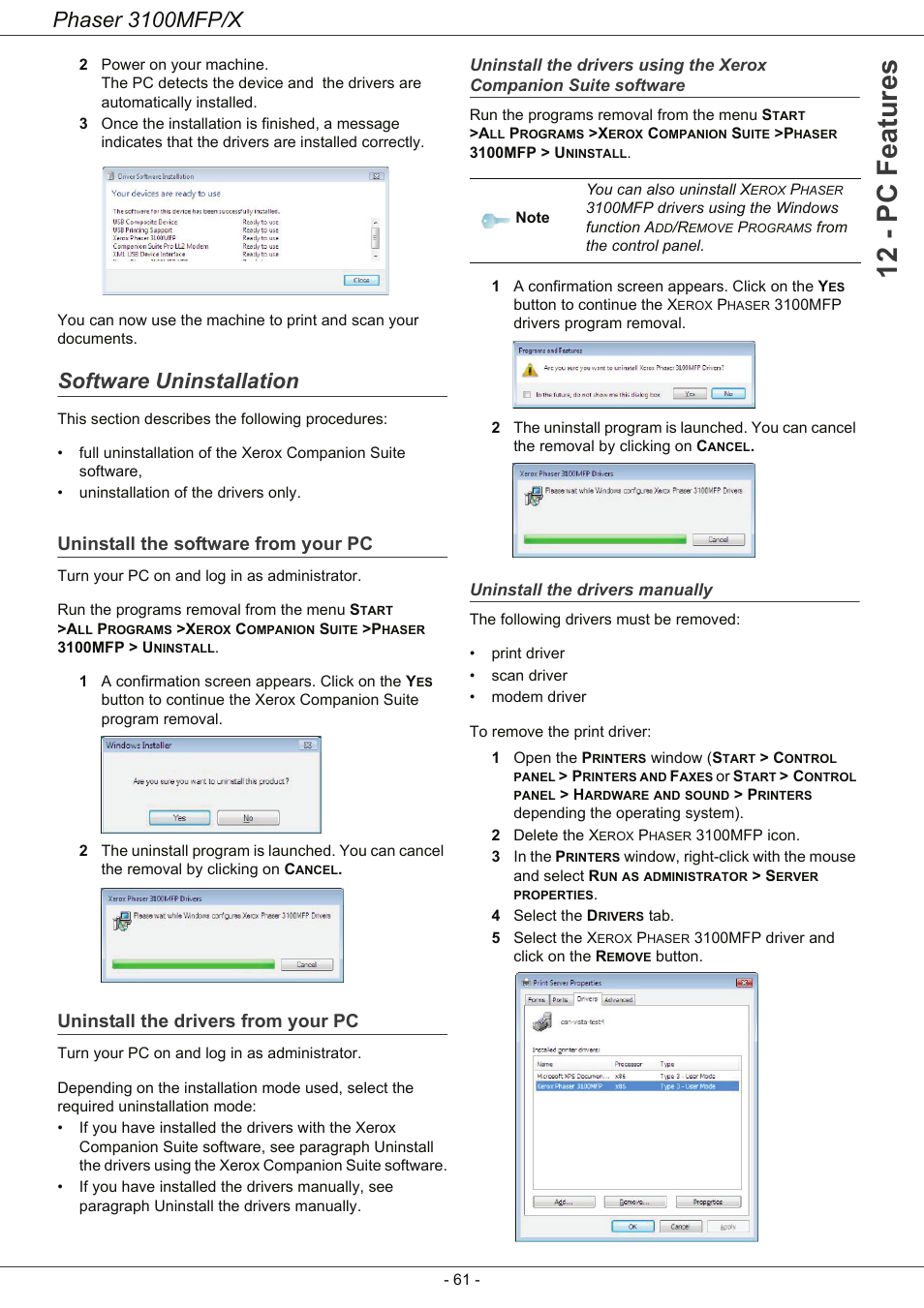 Software uninstallation, Uninstall the software from your pc, Uninstall the drivers from your pc | Uninstall the drivers manually, Uninstall the drivers using the xerox, Companion suite software, 12 - pc features, Phaser 3100mfp/x | Xerox Phaser 3100MFP/X User Manual | Page 66 / 90