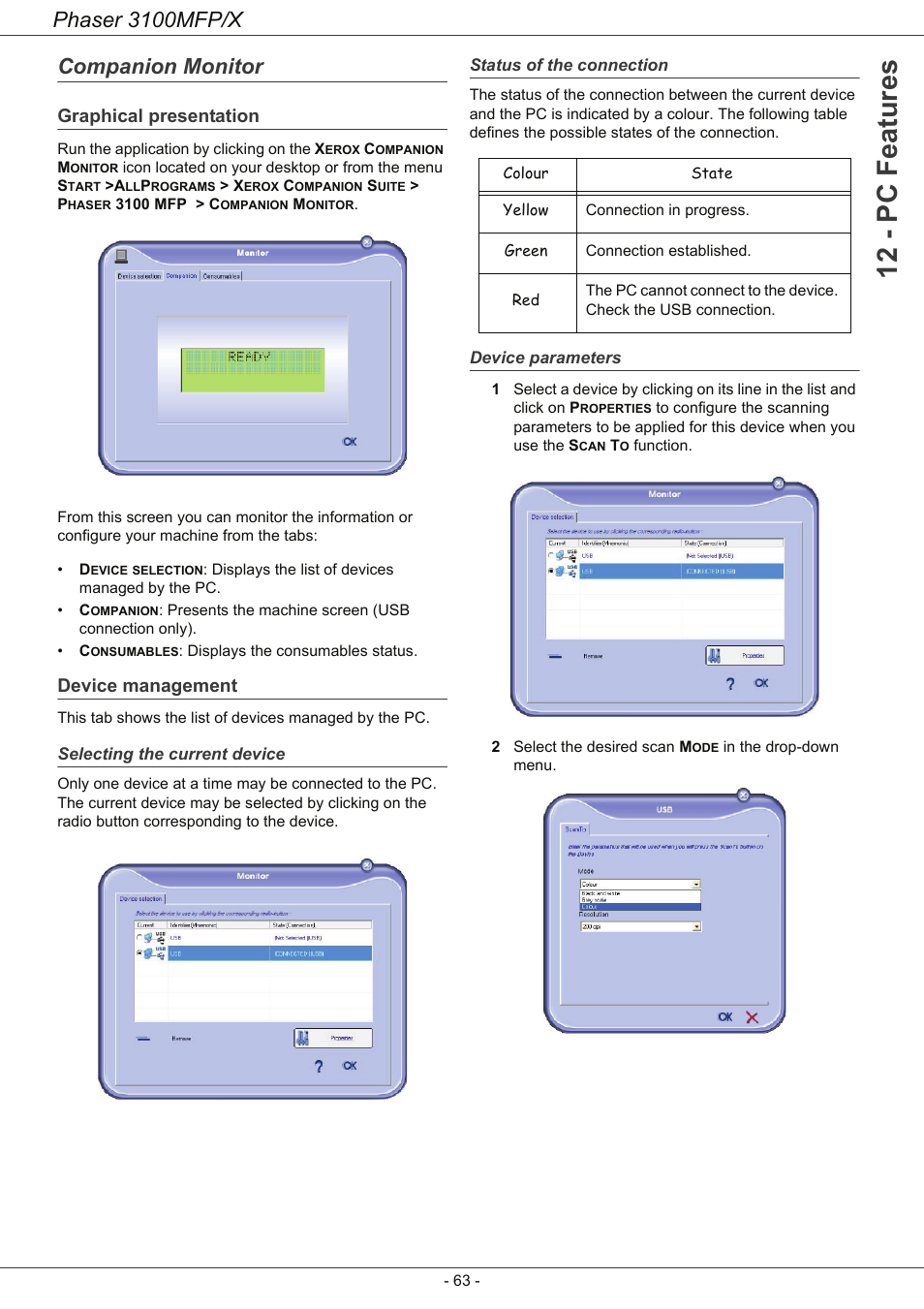 Companion monitor, Graphical presentation, Device management | Selecting the current device, Status of the connection, Device parameters, 12 - pc features, Phaser 3100mfp/x | Xerox Phaser 3100MFP/X User Manual | Page 68 / 90