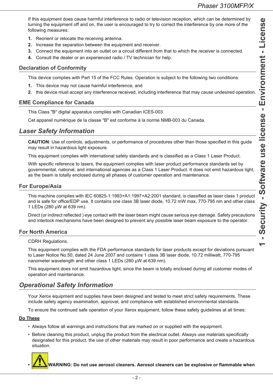 Declaration of conformity, Eme compliance for canada, Laser safety information | For europe/asia, For north america, Operational safety information, Phaser 3100mfp/x | Xerox Phaser 3100MFP/X User Manual | Page 7 / 90