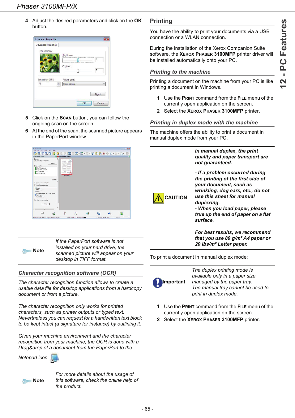 Character recognition software (ocr), Printing, Printing to the machine | Printing in duplex mode with the machine, Printing 65, 12 - pc features, Phaser 3100mfp/x | Xerox Phaser 3100MFP/X User Manual | Page 70 / 90