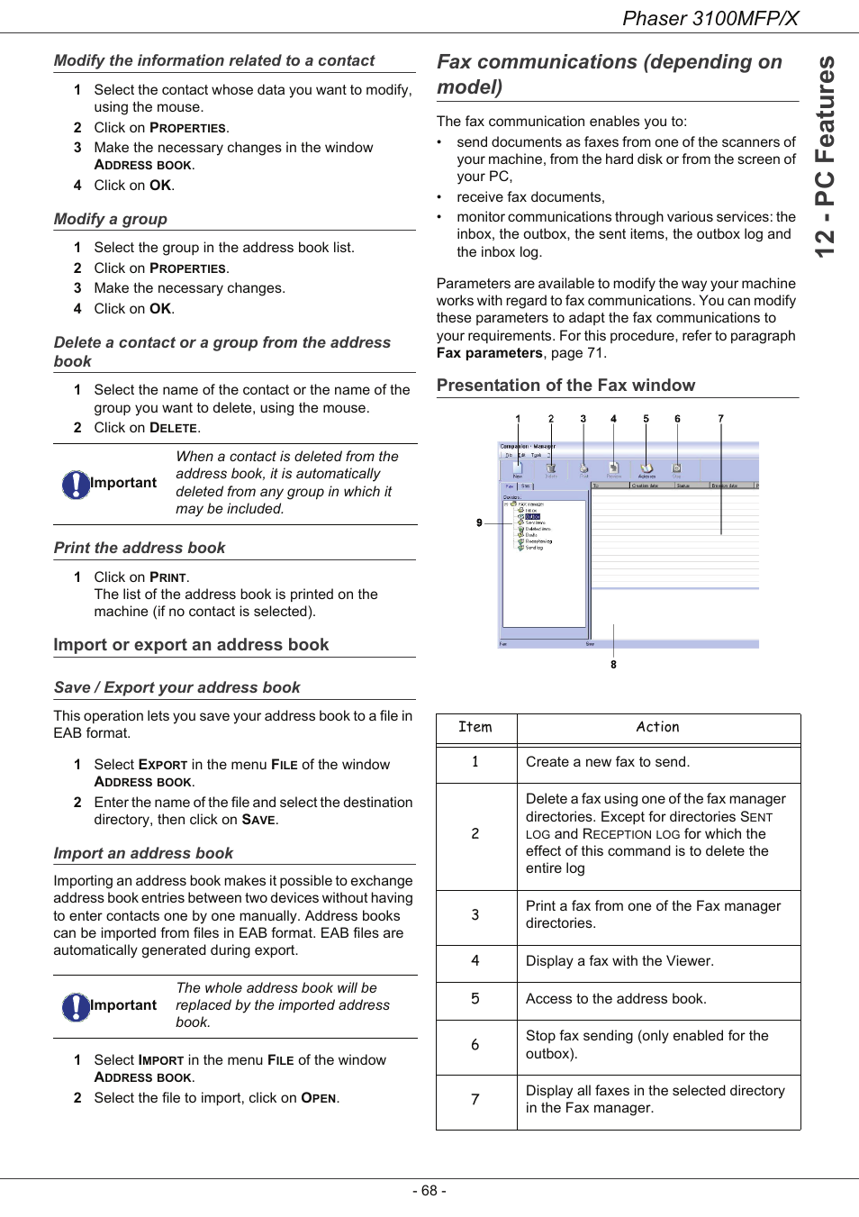 Modify the information related to a contact, Modify a group, Delete a contact or a group from the address book | Print the address book, Import or export an address book, Save / export your address book, Import an address book, Fax communications (depending on model), Presentation of the fax window, Delete a contact or a group from the | Xerox Phaser 3100MFP/X User Manual | Page 73 / 90