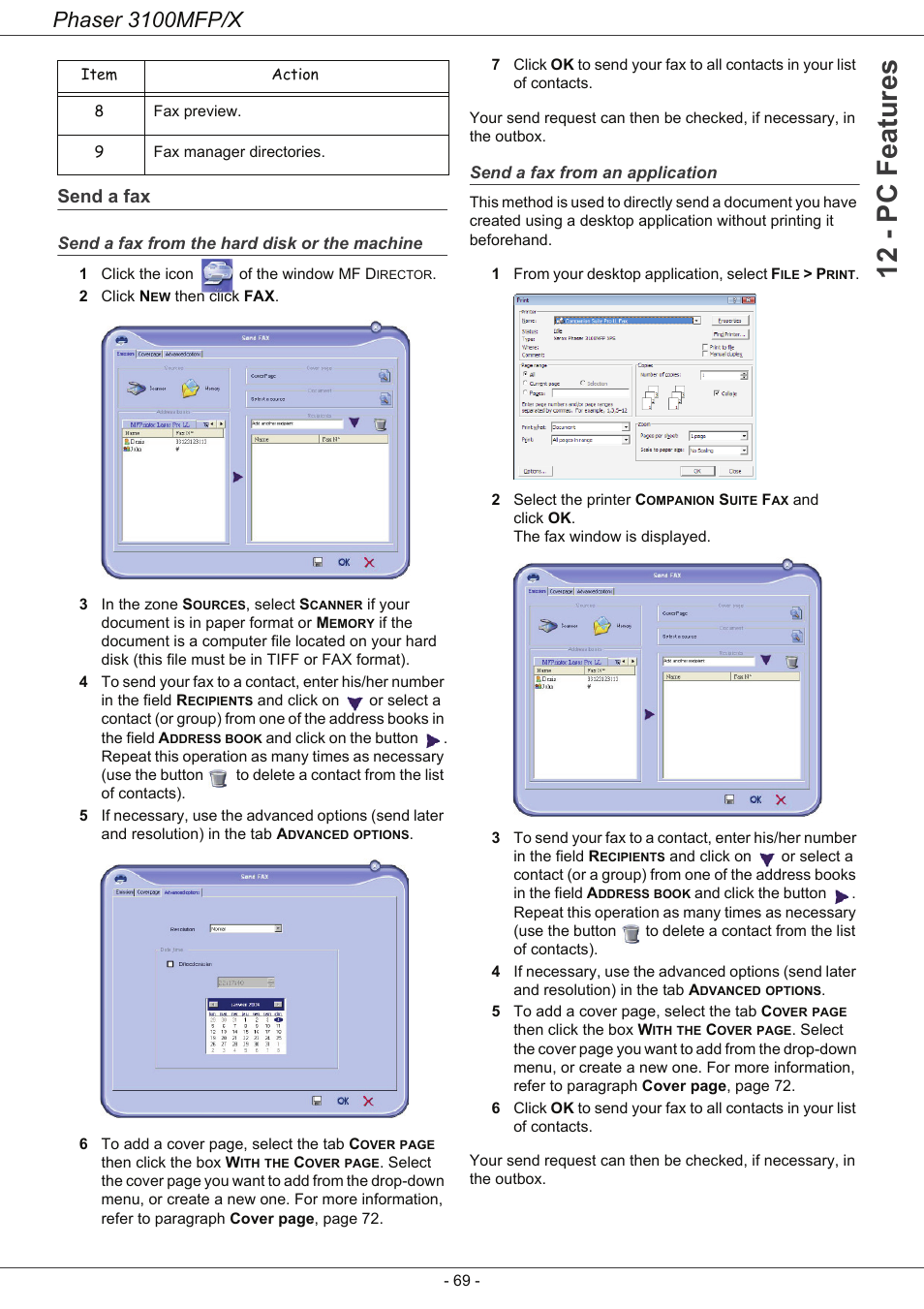 Send a fax, Send a fax from the hard disk or the machine, Send a fax from an application | Send a fax from the hard disk or the, Machine 69 send a fax from an application, 12 - pc features, Phaser 3100mfp/x | Xerox Phaser 3100MFP/X User Manual | Page 74 / 90