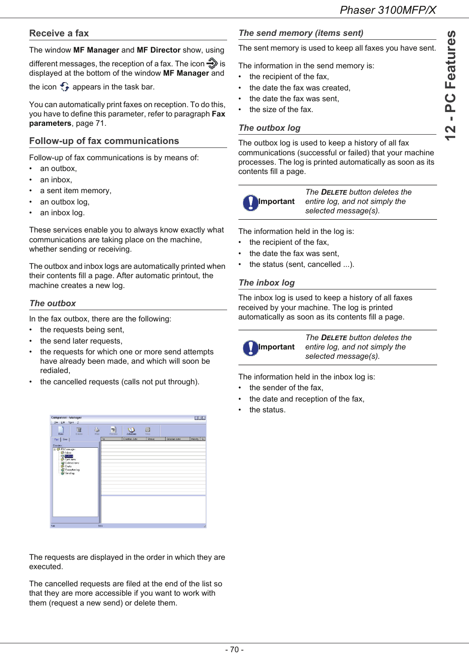 Receive a fax, Follow-up of fax communications, The outbox | The send memory (items sent), The outbox log, The inbox log, 12 - pc features, Phaser 3100mfp/x | Xerox Phaser 3100MFP/X User Manual | Page 75 / 90