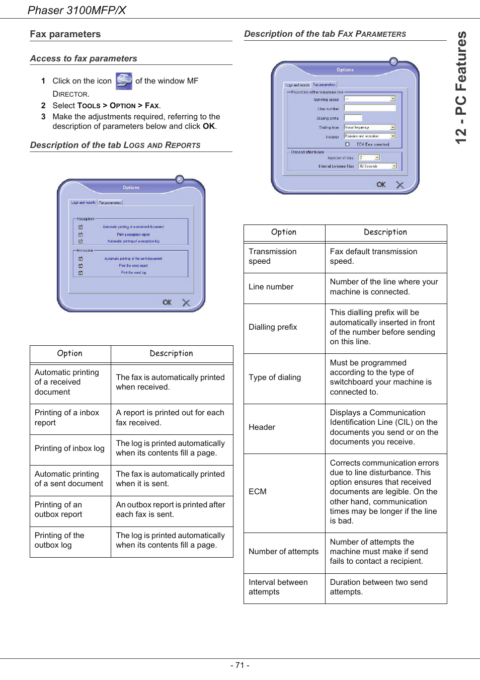 Fax parameters, Access to fax parameters, Description of the tab logs and reports | Description of the tab fax parameters, 12 - pc features, Phaser 3100mfp/x | Xerox Phaser 3100MFP/X User Manual | Page 76 / 90
