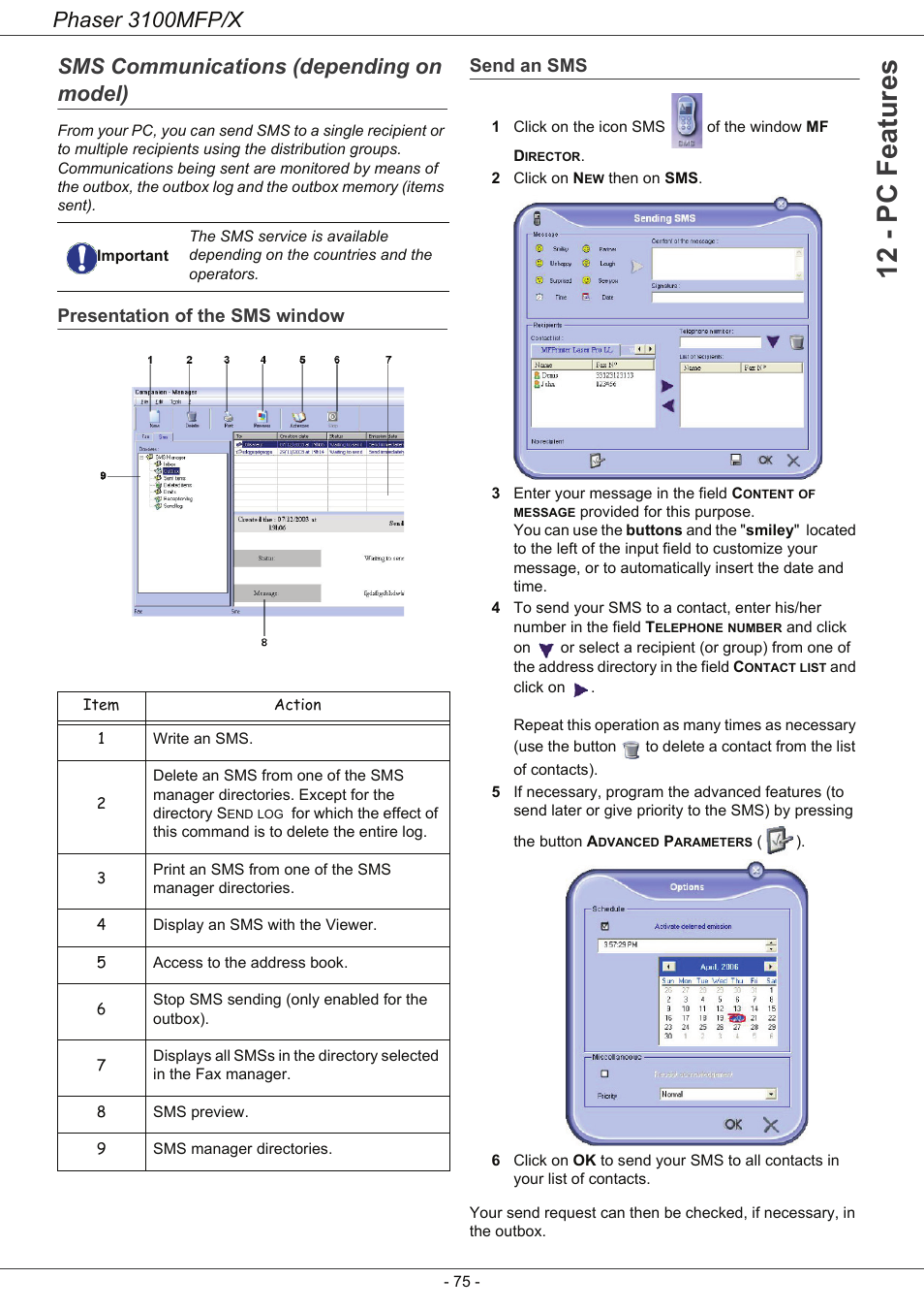 Sms communications (depending on model), Presentation of the sms window, Send an sms | 12 - pc features, Phaser 3100mfp/x, Presentation of the sms window send an sms | Xerox Phaser 3100MFP/X User Manual | Page 80 / 90