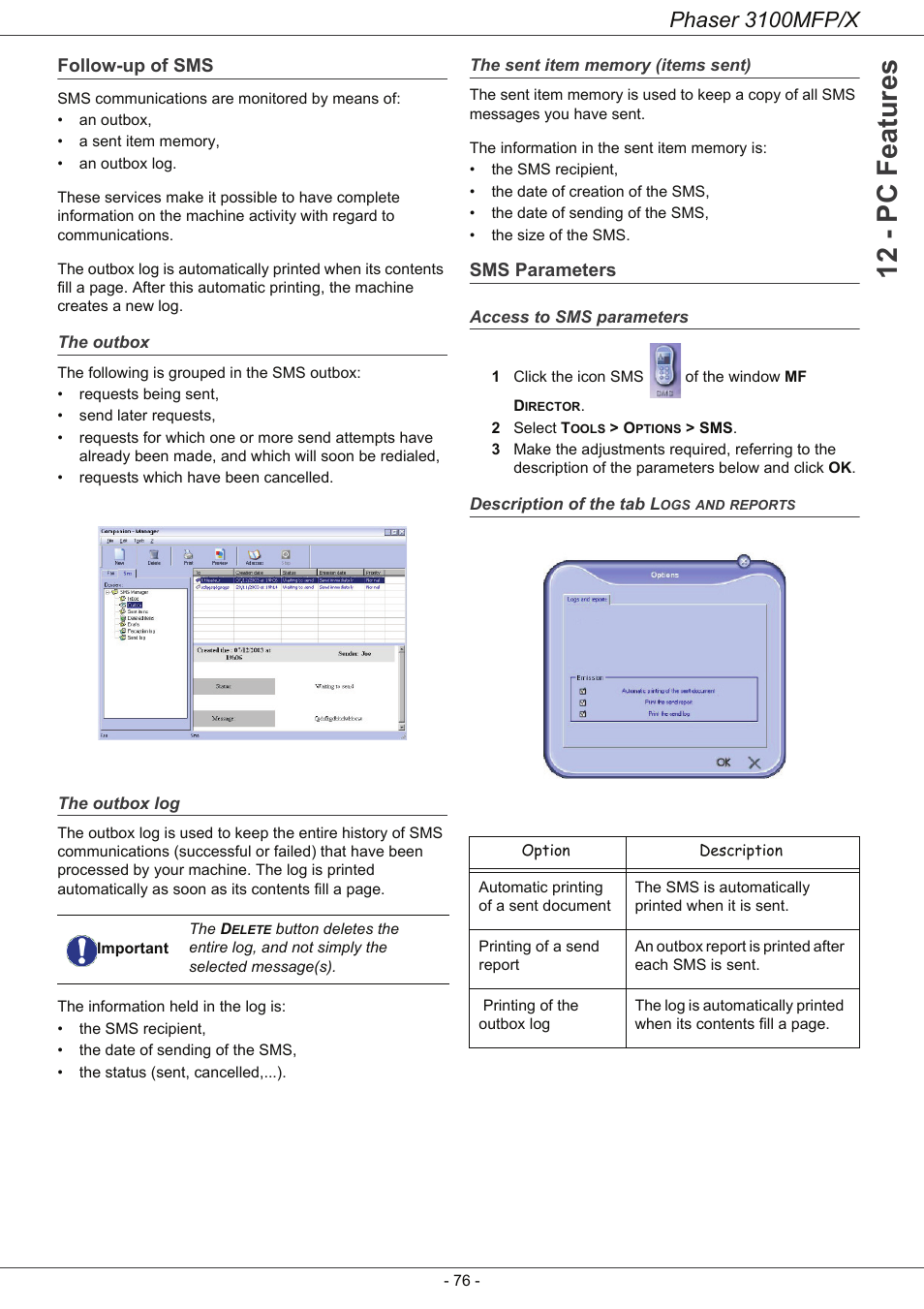 Follow-up of sms, The outbox, The outbox log | The sent item memory (items sent), Sms parameters, Access to sms parameters, Description of the tab logs and reports, 12 - pc features, Phaser 3100mfp/x | Xerox Phaser 3100MFP/X User Manual | Page 81 / 90