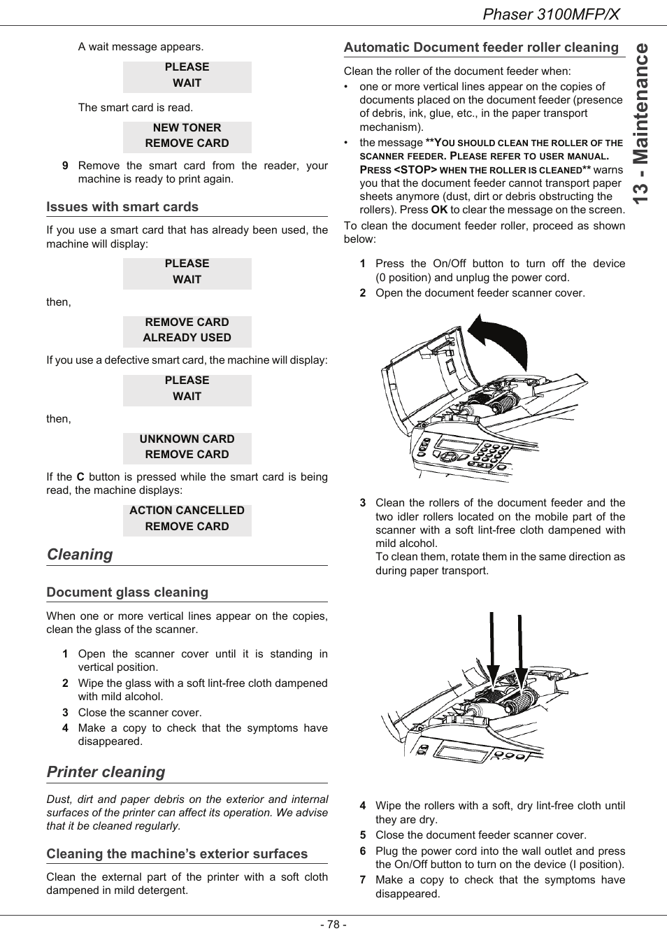 Issues with smart cards, Cleaning, Document glass cleaning | Printer cleaning, Cleaning the machine’s exterior surfaces, Automatic document feeder roller cleaning, Cleaning 78, 13 - maintenance, Phaser 3100mfp/x | Xerox Phaser 3100MFP/X User Manual | Page 83 / 90