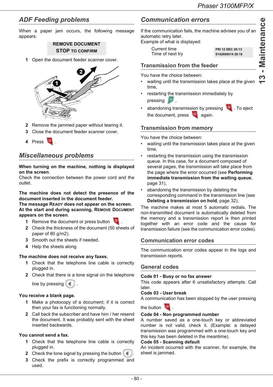 Adf feeding problems, Miscellaneous problems, Communication errors | Transmission from the feeder, Transmission from memory, Communication error codes, General codes, 13 - maintenance, Phaser 3100mfp/x | Xerox Phaser 3100MFP/X User Manual | Page 85 / 90