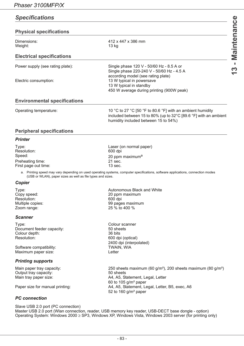 Specifications, Physical specifications, Electrical specifications | Environmental specifications, Peripheral specifications, Specifications 83, 13 - maintenance, Phaser 3100mfp/x | Xerox Phaser 3100MFP/X User Manual | Page 88 / 90