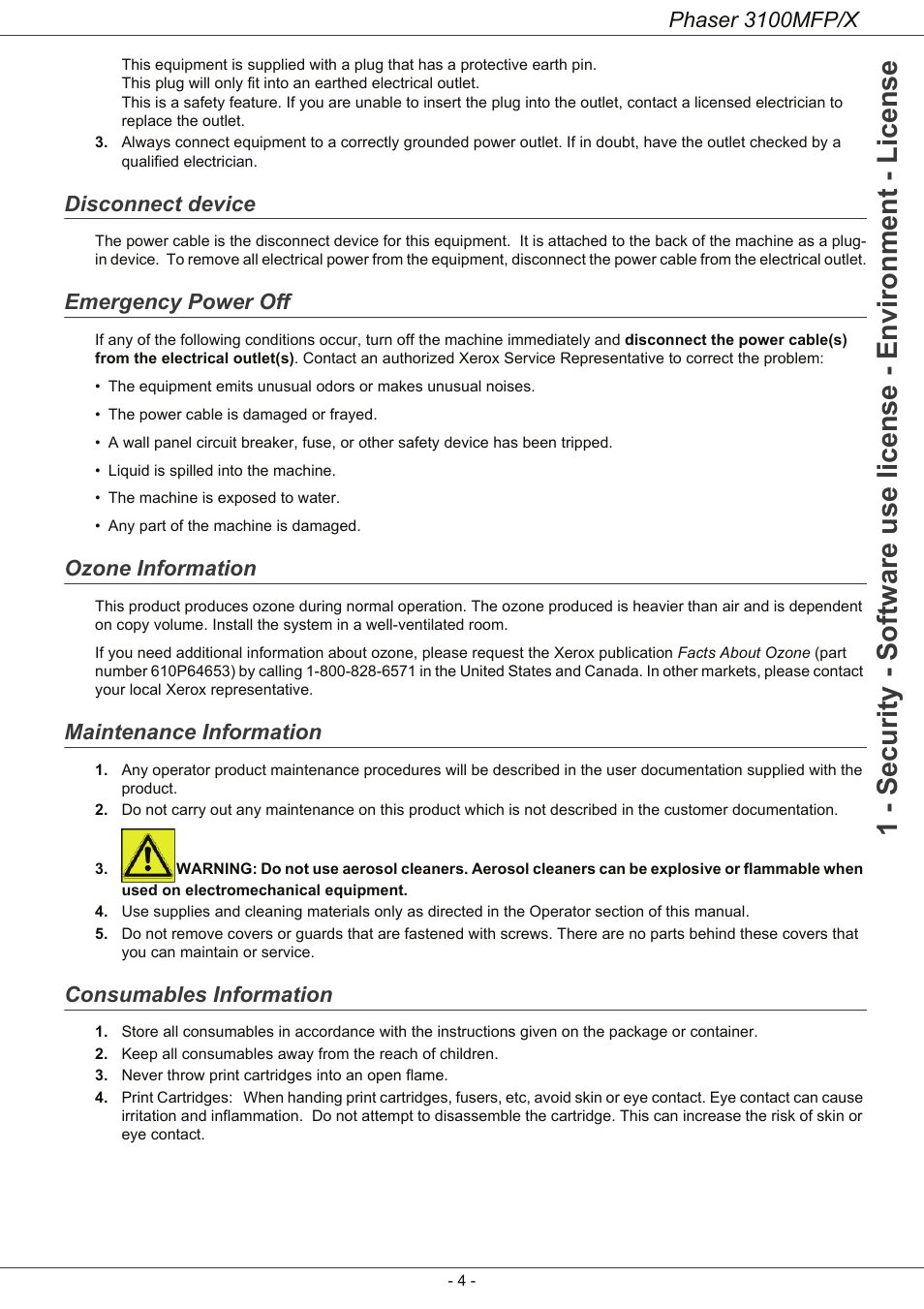 Disconnect device, Emergency power off, Ozone information | Maintenance information, Consumables information, Phaser 3100mfp/x | Xerox Phaser 3100MFP/X User Manual | Page 9 / 90