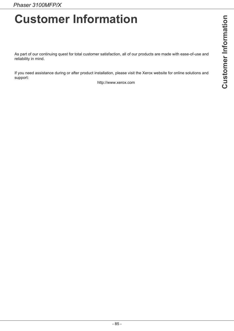 Customer information | Xerox Phaser 3100MFP/X User Manual | Page 90 / 90