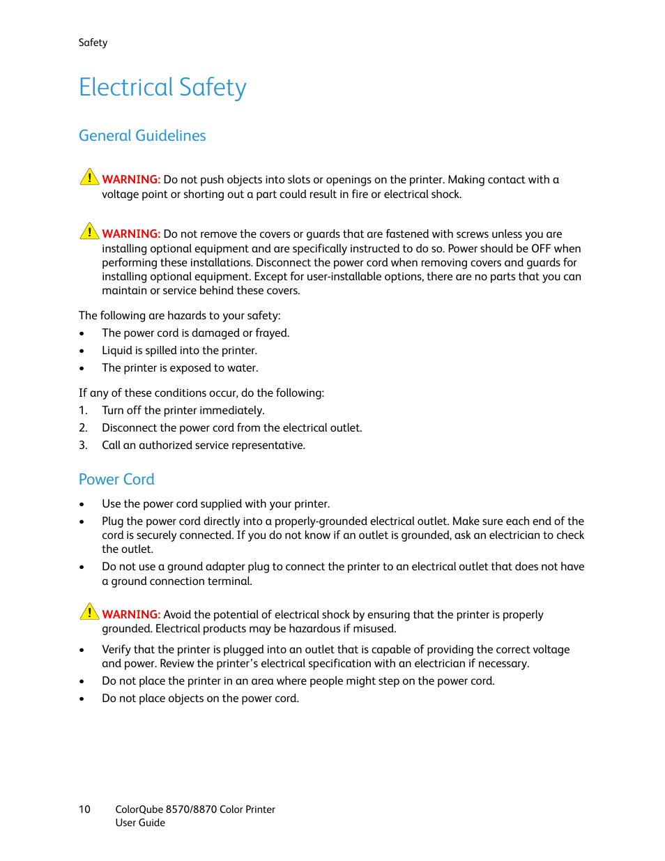 Electrical safety, General guidelines, Power cord | General guidelines power cord | Xerox COLORQUBE 8870 User Manual | Page 10 / 200