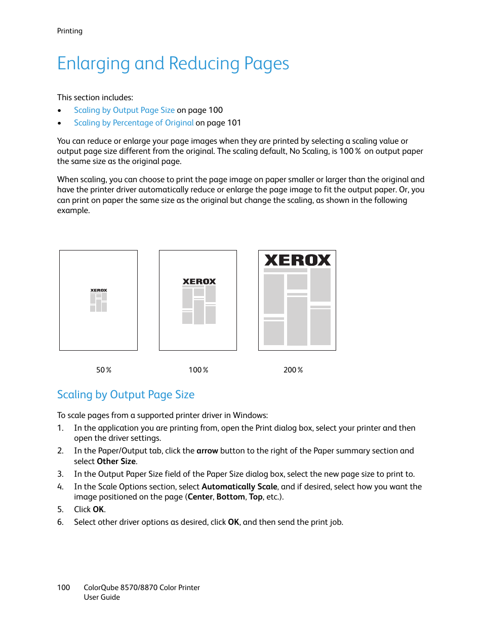 Enlarging and reducing pages, Scaling by output page size | Xerox COLORQUBE 8870 User Manual | Page 100 / 200
