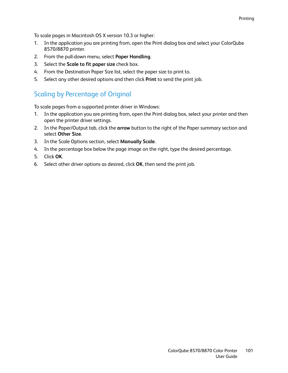 Scaling by percentage of original | Xerox COLORQUBE 8870 User Manual | Page 101 / 200