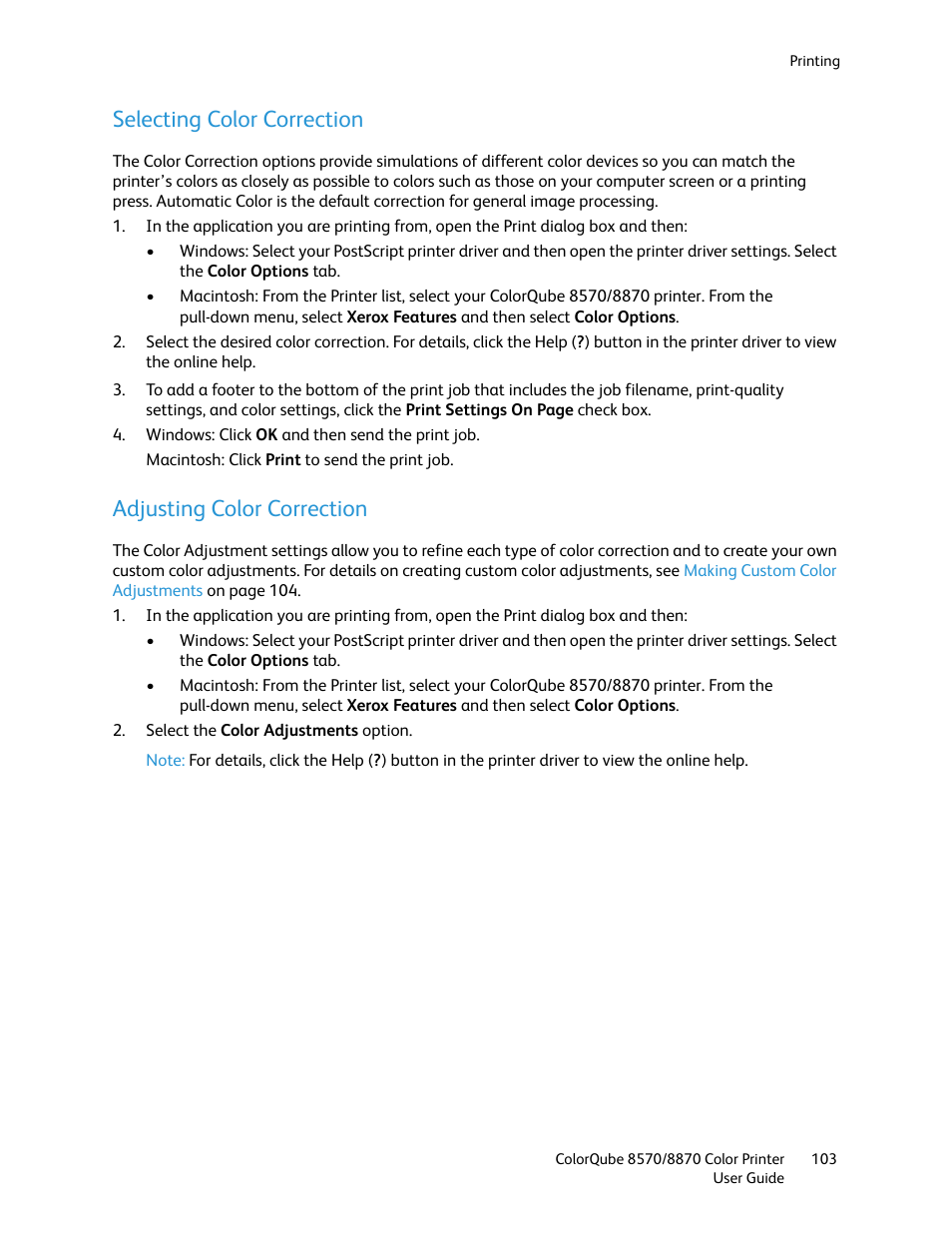 Selecting color correction, Adjusting color correction | Xerox COLORQUBE 8870 User Manual | Page 103 / 200