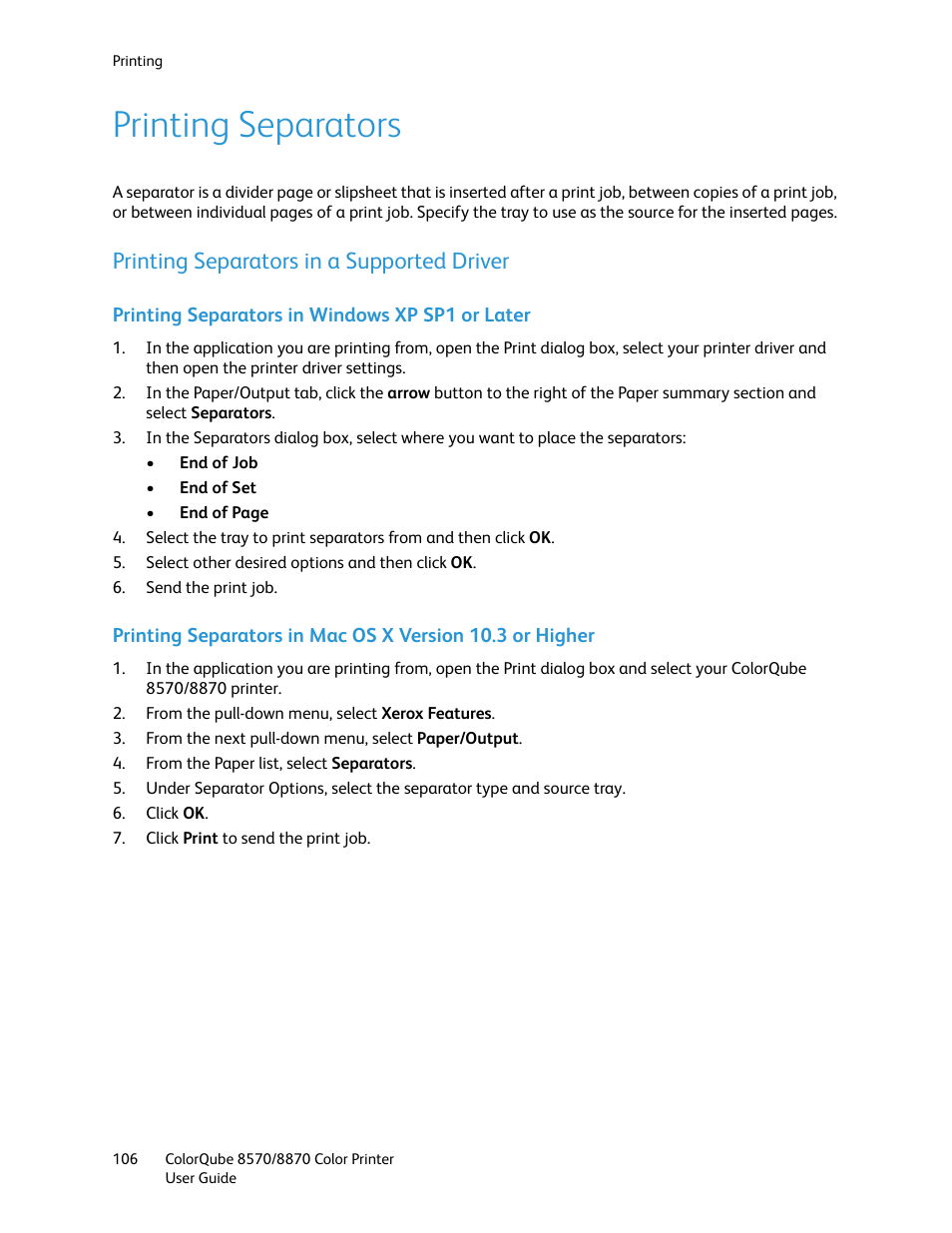 Printing separators, Printing separators in a supported driver | Xerox COLORQUBE 8870 User Manual | Page 106 / 200
