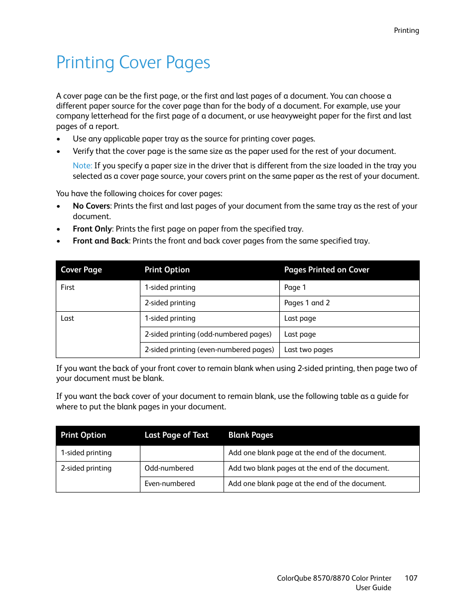 Printing cover pages | Xerox COLORQUBE 8870 User Manual | Page 107 / 200