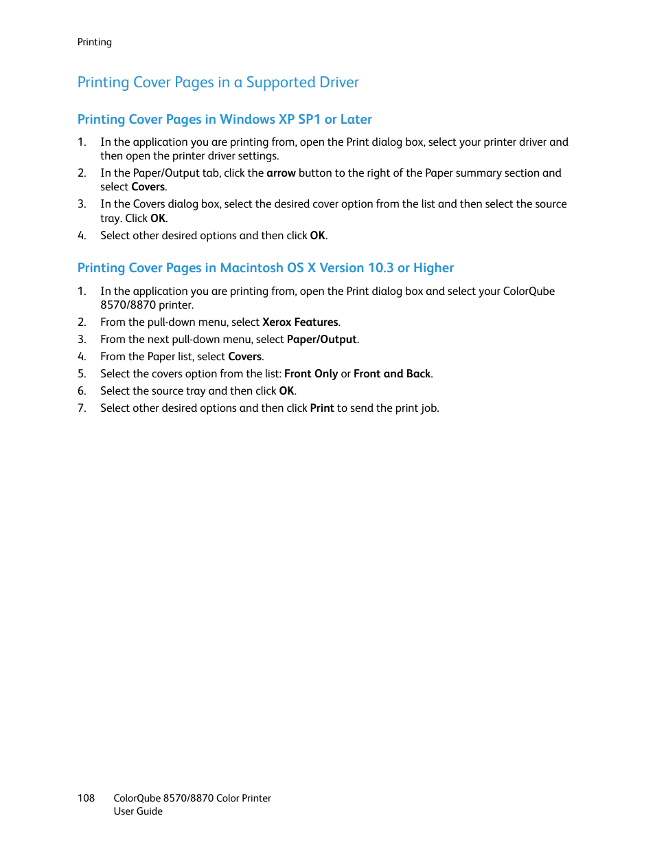 Printing cover pages in a supported driver | Xerox COLORQUBE 8870 User Manual | Page 108 / 200