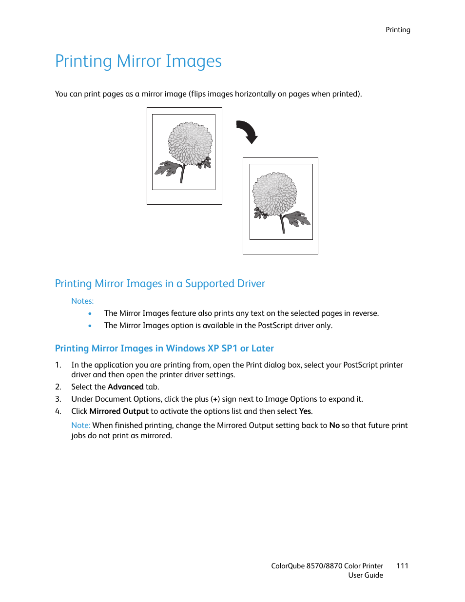 Printing mirror images, Printing mirror images in a supported driver | Xerox COLORQUBE 8870 User Manual | Page 111 / 200