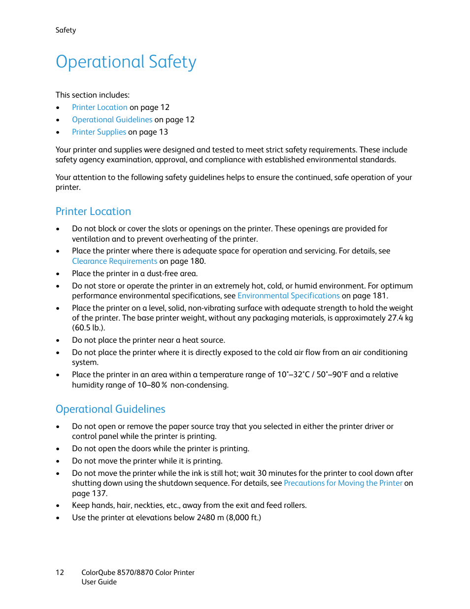 Operational safety, Printer location, Operational guidelines | Printer location operational guidelines | Xerox COLORQUBE 8870 User Manual | Page 12 / 200