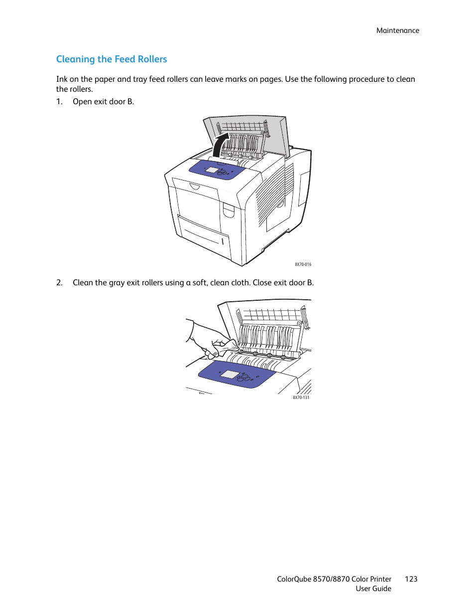 Cleaning the feed rollers | Xerox COLORQUBE 8870 User Manual | Page 123 / 200