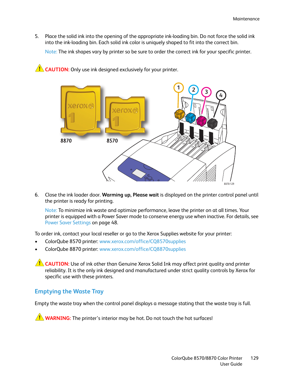 Emptying the waste tray | Xerox COLORQUBE 8870 User Manual | Page 129 / 200