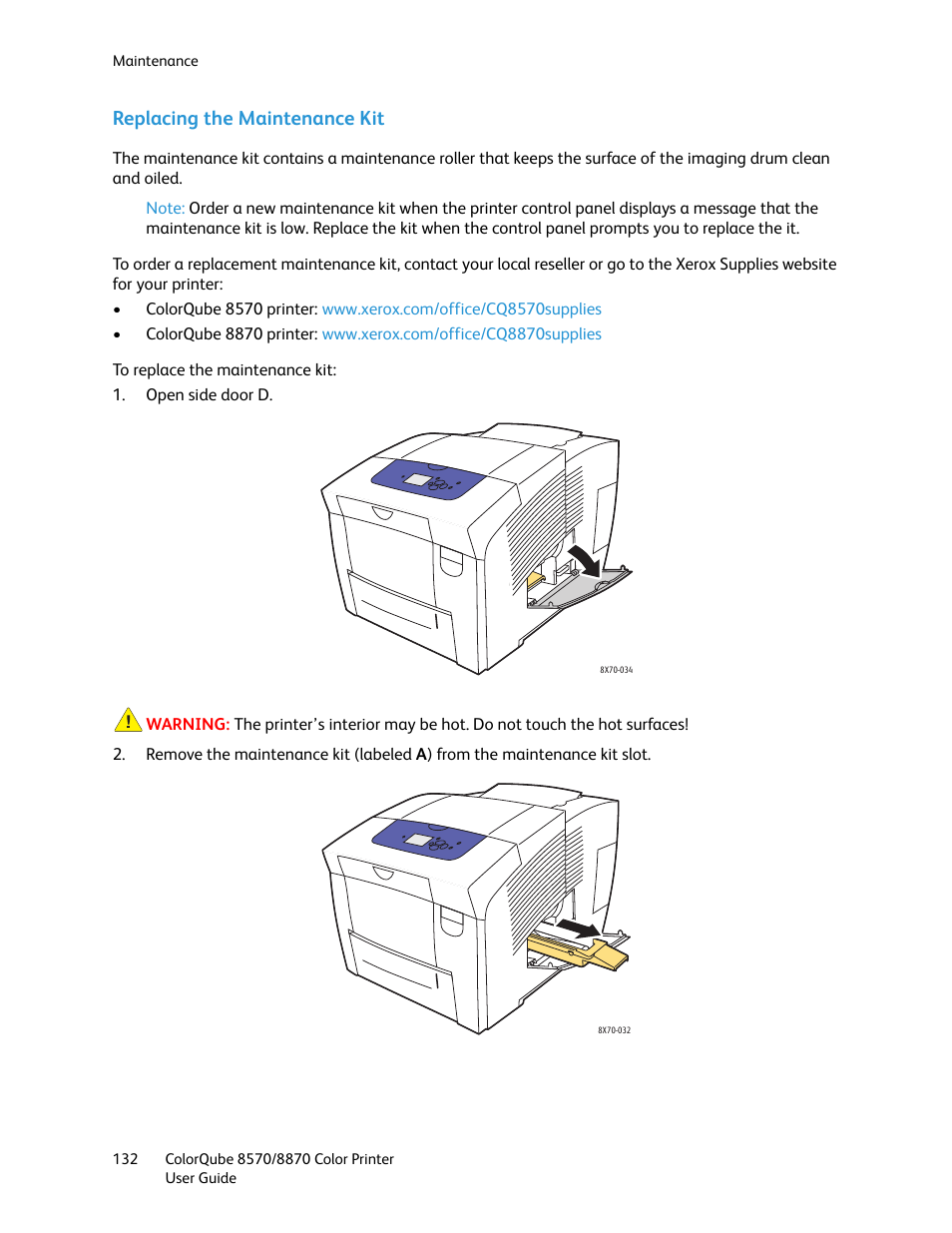 Replacing the maintenance kit | Xerox COLORQUBE 8870 User Manual | Page 132 / 200