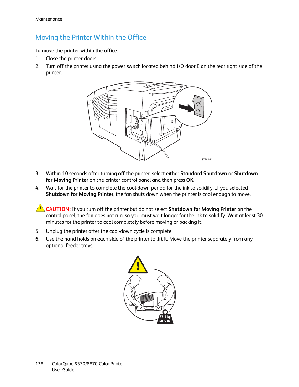 Moving the printer within the office | Xerox COLORQUBE 8870 User Manual | Page 138 / 200