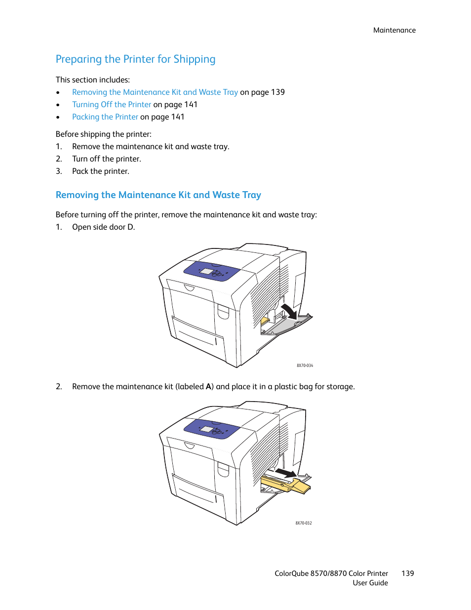 Preparing the printer for shipping, Removing the maintenance kit and waste tray | Xerox COLORQUBE 8870 User Manual | Page 139 / 200