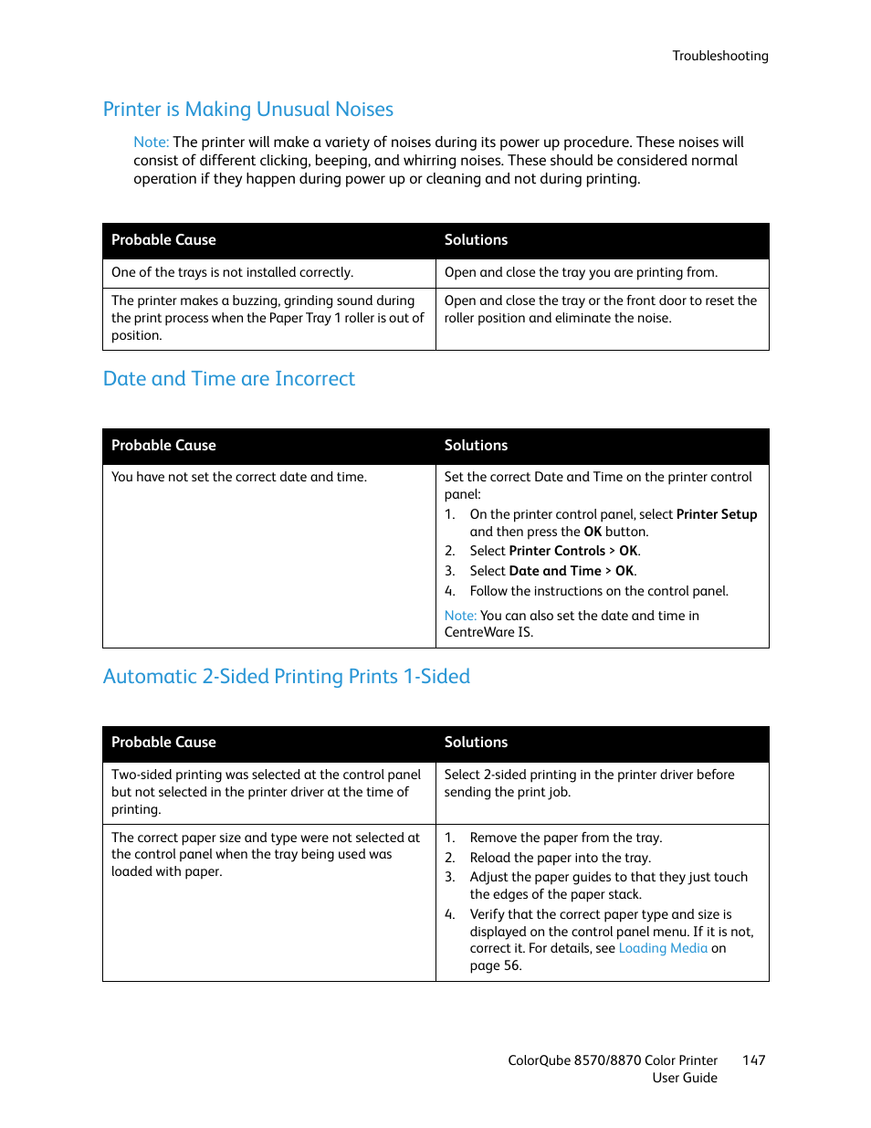 Printer is making unusual noises, Date and time are incorrect, Automatic 2-sided printing prints 1-sided | Xerox COLORQUBE 8870 User Manual | Page 147 / 200