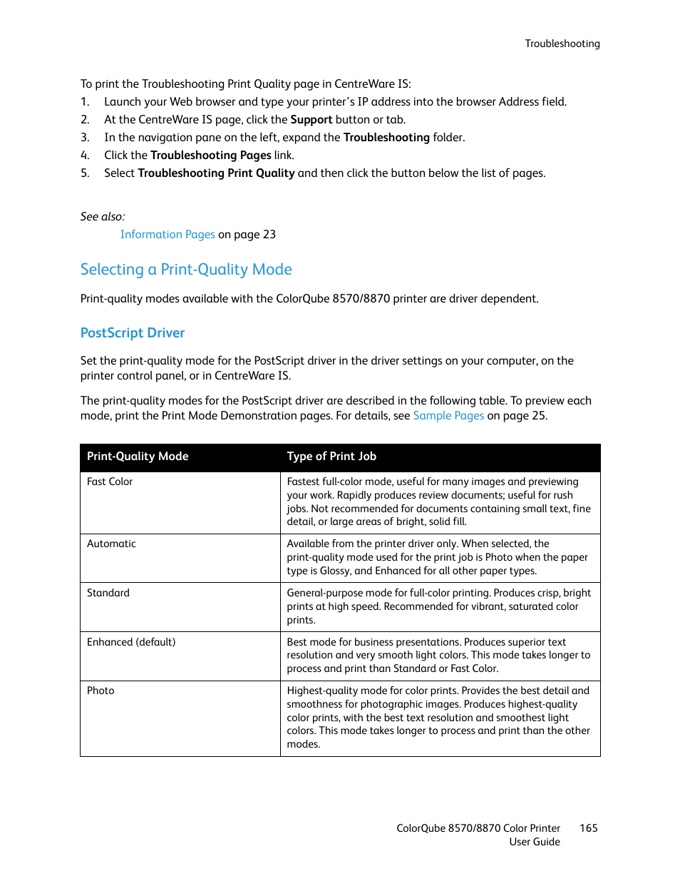Selecting a print-quality mode, Postscript driver | Xerox COLORQUBE 8870 User Manual | Page 165 / 200