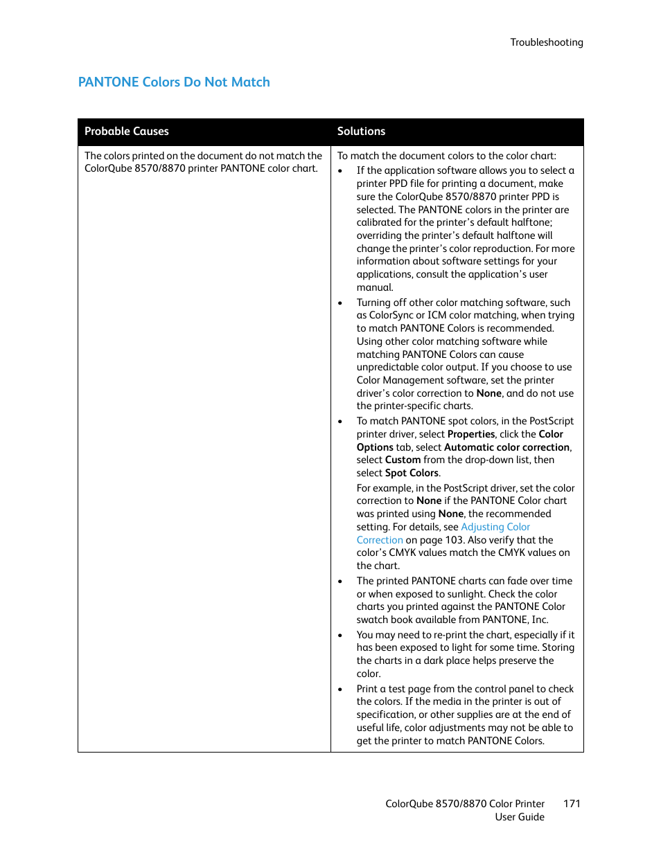 Pantone colors do not match | Xerox COLORQUBE 8870 User Manual | Page 171 / 200