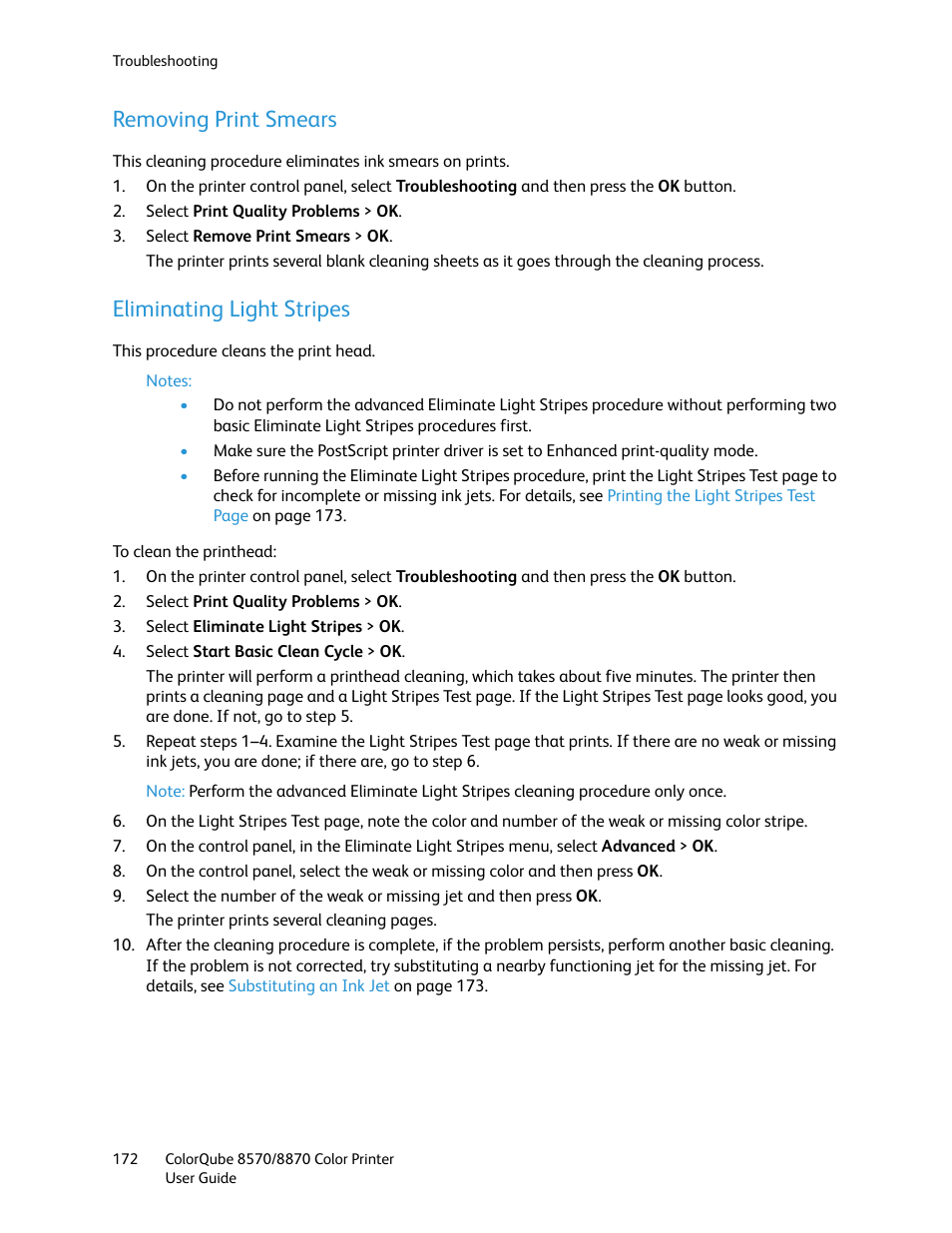 Removing print smears, Eliminating light stripes, Removing print smears eliminating light stripes | Ils, see, Removing, Print smears | Xerox COLORQUBE 8870 User Manual | Page 172 / 200