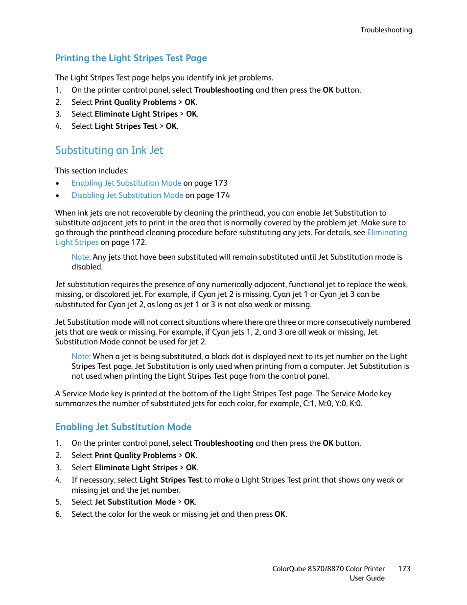 Substituting an ink jet, Printing the light stripes test | Xerox COLORQUBE 8870 User Manual | Page 173 / 200