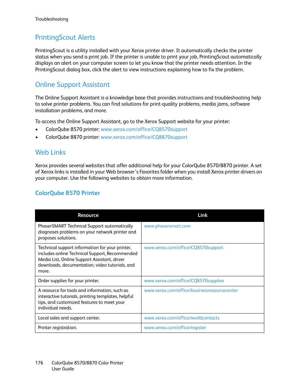 Printingscout alerts, Online support assistant, Web links | Xerox COLORQUBE 8870 User Manual | Page 176 / 200