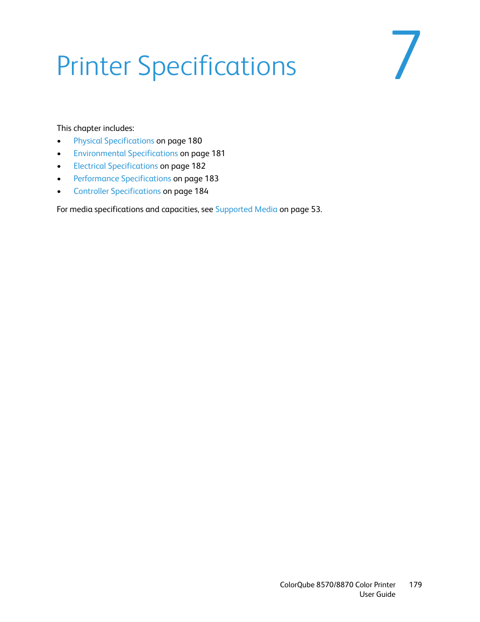 Printer specifications | Xerox COLORQUBE 8870 User Manual | Page 179 / 200