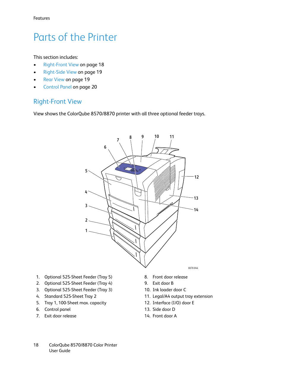 Parts of the printer, Right-front view | Xerox COLORQUBE 8870 User Manual | Page 18 / 200