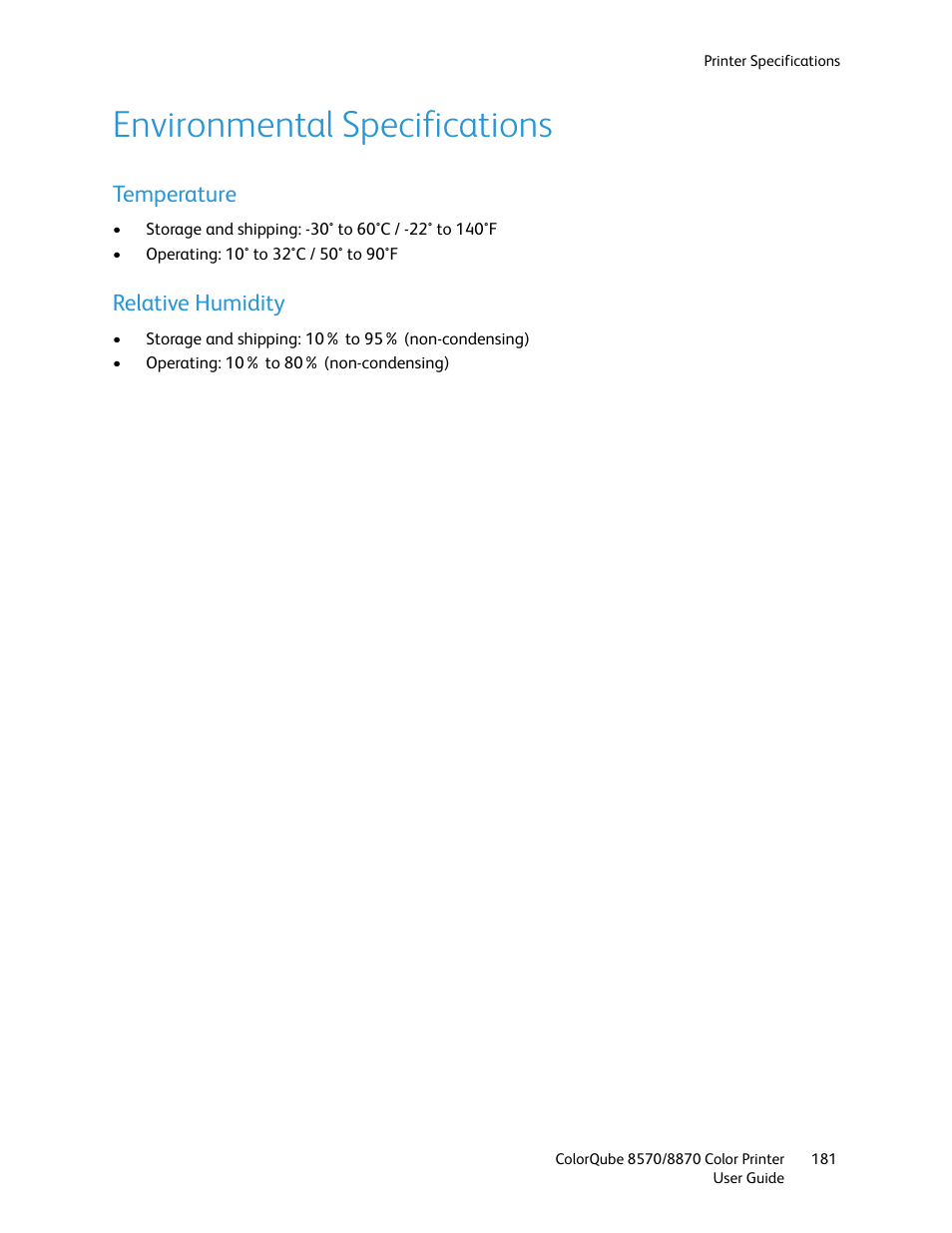 Environmental specifications, Temperature, Relative humidity | Temperature relative humidity | Xerox COLORQUBE 8870 User Manual | Page 181 / 200