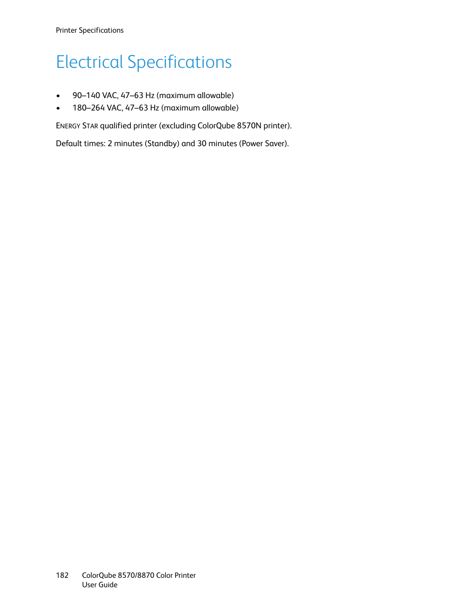 Electrical specifications | Xerox COLORQUBE 8870 User Manual | Page 182 / 200
