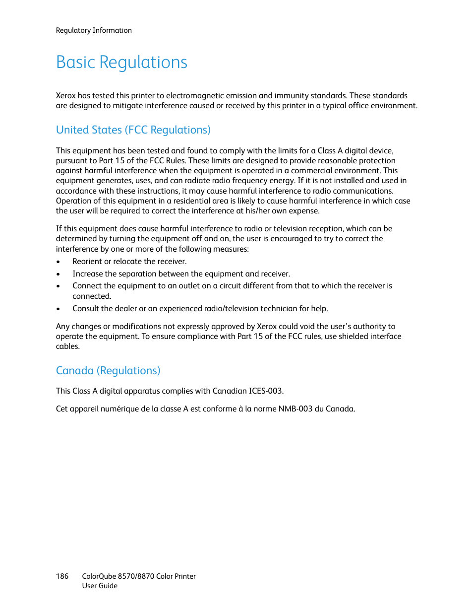 Basic regulations, United states (fcc regulations), Canada (regulations) | Xerox COLORQUBE 8870 User Manual | Page 186 / 200